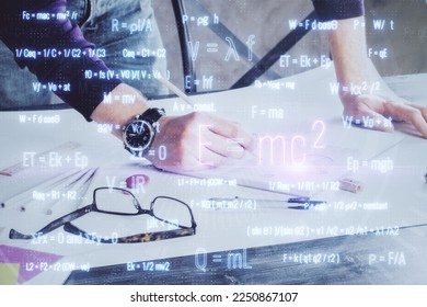 Student or teacher with mathematical and scientific formulas. Concepts of education. Symbols and equations on a virtual interface. Double exposure. - Shutterstock ID 2250867107