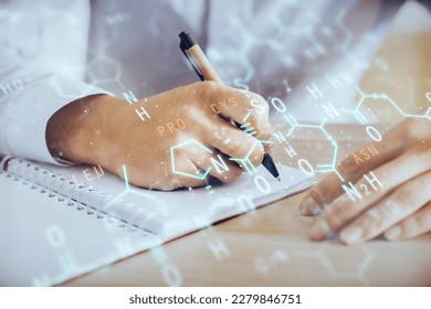 Student or teacher with mathematical and scientific formulas. Concepts of education. Symbols and equations on a virtual interface. Double exposure. - Powered by Shutterstock