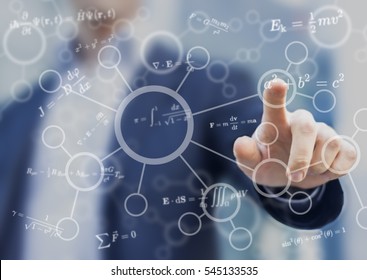 Student or teacher touching mathematical and scientific concepts, symbols and equations on a virtual screen interface