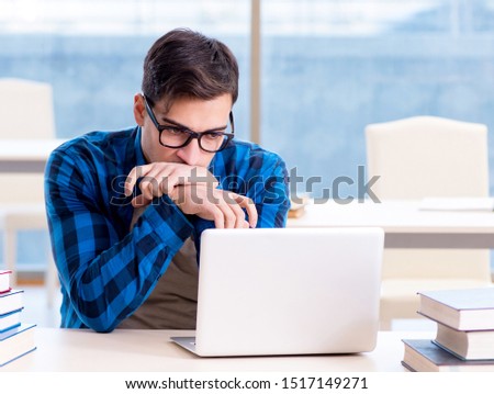 Student in telelearning distance learning concept reading in lib