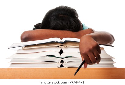 Student tired of doing homework studying with pen asleep on open books, isolated.