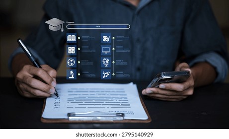 Student tracking learning progress through a digital education platform while completing assessments on a smartphone. Concept of e-learning, educational analytics, online courses, skill development, and academic performance monitoring.