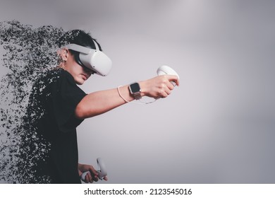 Student Use Vr Glasses And Looks At Empty Space With Gray Background, Studio Shot.Virtual Gadgets For Entertainment, Work, Free Time And Study. Game Cyber Virtual Reality Technology Concept.