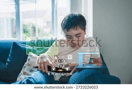 Student using AI assistant on tablet to do homework and research at home, showcasing artificial intelligence in education, smart learning, and digital tools for study support.