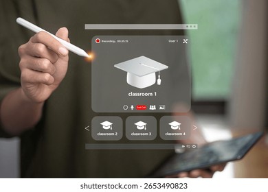 Student using digital learning platform showing virtual classrooms, graduation cap icon, and video call elements for online education.