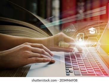 Student using laptop in library and illustration of virtual icons. Educational technology  - Shutterstock ID 2034966938