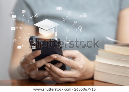 Student using smartphone with floating education network icons, concept of connected learning, smart education, and digital knowledge.