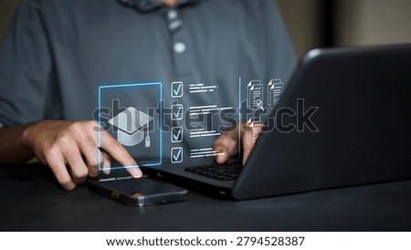 Student using a smartphone and laptop to access a digital learning management system and complete educational assessments. Concept of e-learning, online education, course management, academic progress tracking, and educational technology.