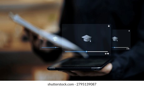Student using a tablet to access online learning videos and digital education content. Concept of e-learning platform, remote education, virtual classroom, online courses, educational technology, and distance learning.