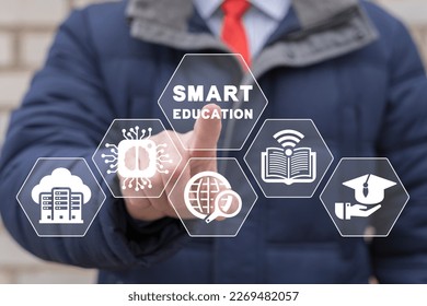 Student using virtual touchscreen presses inscription: SMART EDUCATION. Concept of Smart Online Education, AI, Big Data, Web, Cloud Computing, Digital Tech. Intellectual e-learning technology.