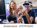 Student using vr headset exploring dna model with teacher in classroom, AI intelligence technology for children in school.