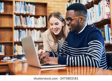 Student, woman and laptop in library for research, studying and exam preparation on campus. Team, education and technology with smile for knowledge, social media and learning on internet with help - Powered by Shutterstock