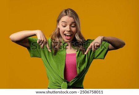 Similar – Image, Stock Photo Amazed woman, she expresses WOW. Impressed lady on yellow background. Great news