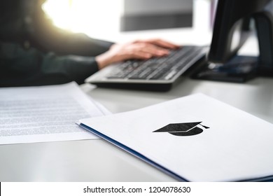 Student Writing College Or University Application. Apply To School. Admission Or Grant. Teacher And Computer. Principal Or Headmaster Working In Office. Politician, Minister Or Secretary Of Education.