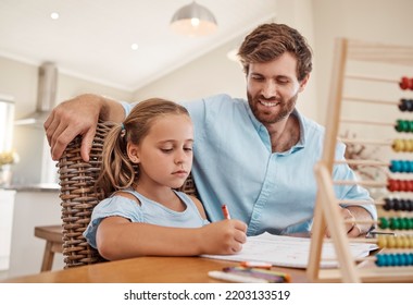 Student, Writing And Learning Girl With Dad Teacher Help With Math Problem Homework Solution Together In Living Room. Happy Homeschool Class Dad Or Father Teaching Kid Abacus And Numbers Education