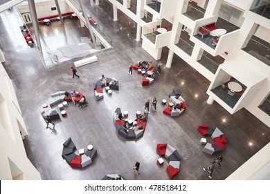 Students In The Atrium Of Modern University Building, Aerial