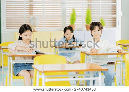 Students attend class and work on assignments in a bright classroom during the school day