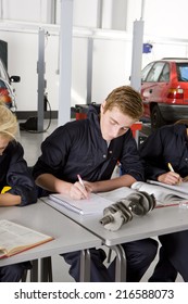 Students With Auto Part Studying Automotive Trade In Vocational School