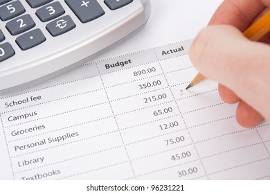 Student's Budget Concept - Printed Budget And Student Write In Chart Actual Values.