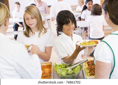 Students In Cafeteria Line Being Served By Lunch Ladies