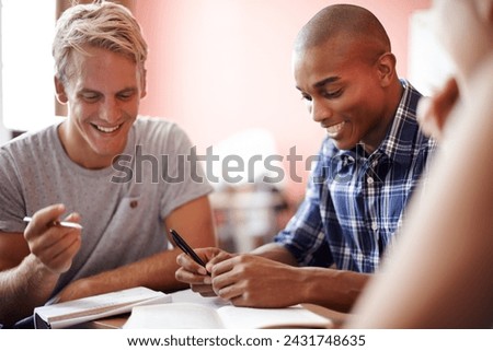 Students, class and writing notes in university, learning and knowledge on college campus. Education, men and diversity for information in book, teamwork and communication for studying or revision