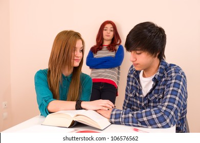 Students In Classroom, Jealous Girl Looking At A Couple