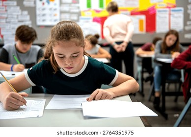 Students in a classroom taking a test, focused on their papers. A teacher observes in the background, ensuring a quiet environment.