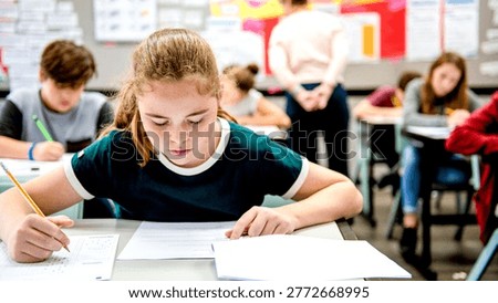 Students focused on taking a test in a classroom setting, with a teacher supervising in the background.