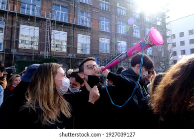 Students gather to protest against isolation and precariousness at the Universite Libre de Bruxelles in Brussels, Belgium on March 1st, 2021.