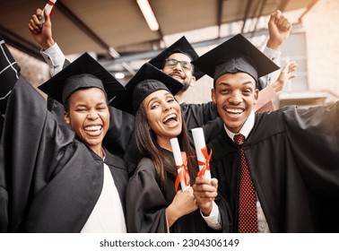 Students, graduation and group portrait of college friends with a diploma and happiness outdoor. Diversity men and women excited to celebrate university achievement, education success and future - Powered by Shutterstock