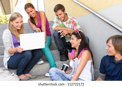 Students Having Fun With Laptop School Stairs Teens College Laughing