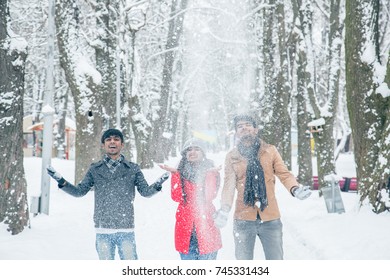 The Students From India. Having Fun In The Snow