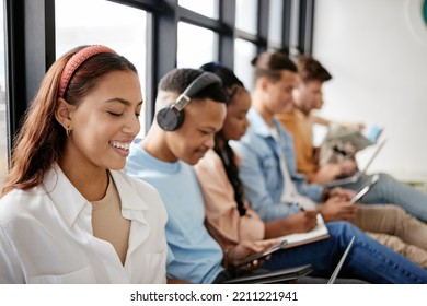 Students Internship, Waiting Room And Application Interview For Internship, Scholarship Opportunity And HR Recruitment. Happy Youth, University And College Friends Relax On Floor For Education Break