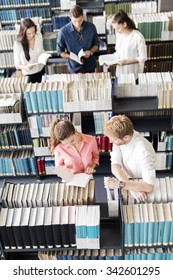 Students learning, reading in the library,view from above