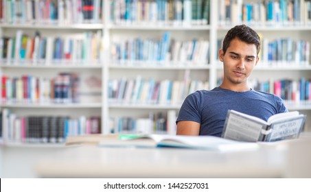 Students in a library - handsome student reading a book for his class in a bright modern library - Powered by Shutterstock