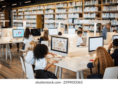 Students in library using computers. Diverse group of children learning. Library setting with computers. Kids engaged in educational activities. Young students learning on computers in school library