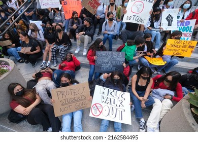 Students from Miguel Contreras Learning Center high school protest in front of City Hall after walking out of school to protest gun violence in Los Angeles, May 31, 2022.
