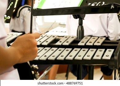 Students Practice Bell Lyre Instrument In Marching Band