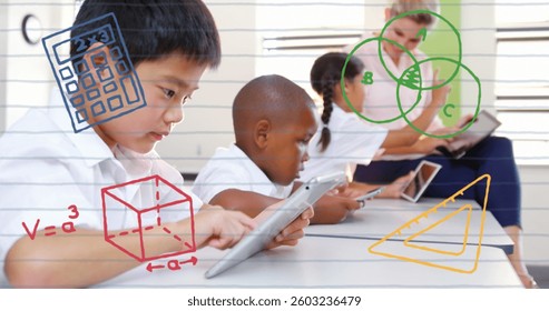 Students in school using tablets for learning, focusing on educational activities. technology, digital, classroom, innovation