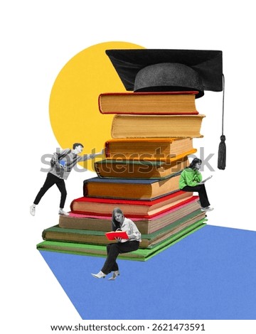 Students studying near massive stack of books crowned by graduation cap, preparing for finals. Contemporary art collage. Concept of education, achievement, ambition, academic goals