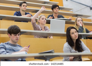 Students taking an active part in a lesson while sitting in a lecture hall - Shutterstock ID 142514485