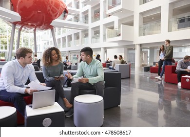 Students In University Atrium, Three In Foreground Close Up