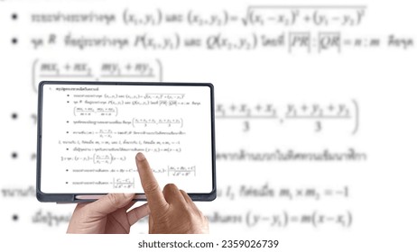 Students are using computers, tablets, mobile phones to calculate math formulas.
