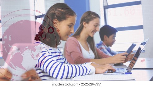 Students using laptops in classroom with data analysis image over them. Technology, education, learning, digital, study, teamwork - Powered by Shutterstock