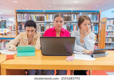 Students using laptops and tablets for study in library