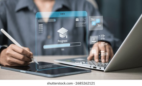 Students are using tablets and laptops with floating e-learning interfaces, progress bars, and education icons, representing online courses, study tracking, and digital classroom productivity. - Powered by Shutterstock - Get 15% off with code: PIKWIZARD15