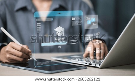 Students are using tablets and laptops with floating e-learning interfaces, progress bars, and education icons, representing online courses, study tracking, and digital classroom productivity.