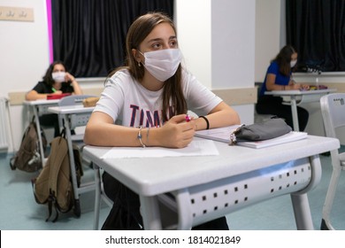 Students Wearing Face Masks At A Classroom Amid The Ongoing Coronavirus Pandemic At A Private School In Istanbul, Turkey, 11 September 2020. 