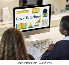 Students working on computer network graphic overlay