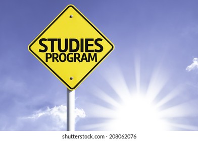 Studies Program road sign with sun background 